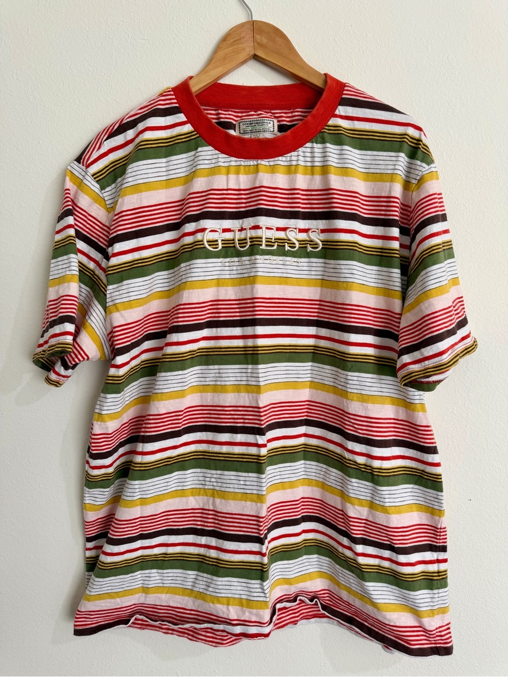 GUESS Originals Embroidered Striped T-Shirt Multi-Color Retro Baggy Men's XL